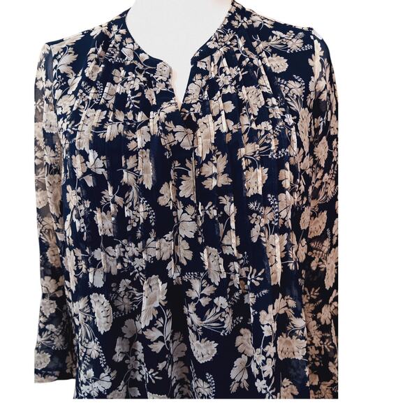 CHARTER CLUB Boho‎ Blouse Peasant Top S Flowy Pin Tucks Floral Cottagecore Blue - Picture 3 of 9